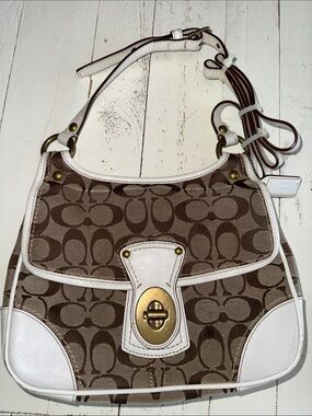 Coach 10567 Legacy Soho Flap White Leather Brown C Canvas Crossbody Bag